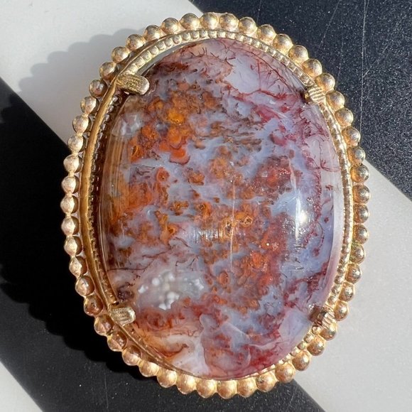 Natural Colorful Moss Agate Stone Gold Tone Open Back Estate Pin Brooch - Picture 2 of 6